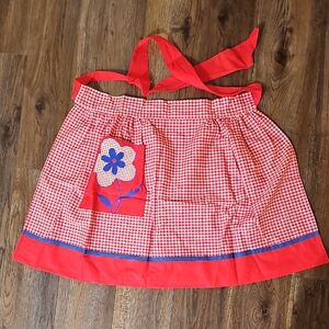 Vintage Red Gingham Apron with Floral Pocket
